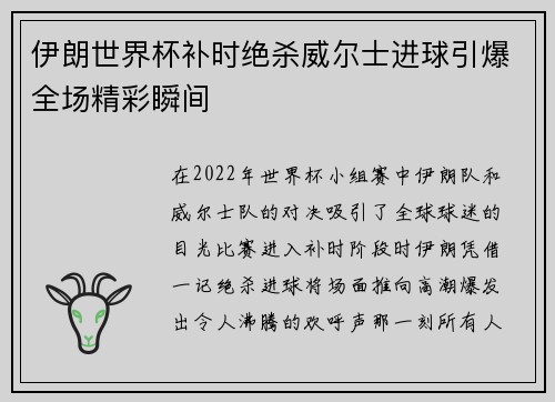 伊朗世界杯补时绝杀威尔士进球引爆全场精彩瞬间